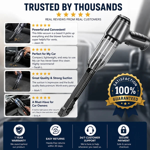 cordless handheld car vacuum cleaner™- cleans tight spaces blows away dust and inflates items