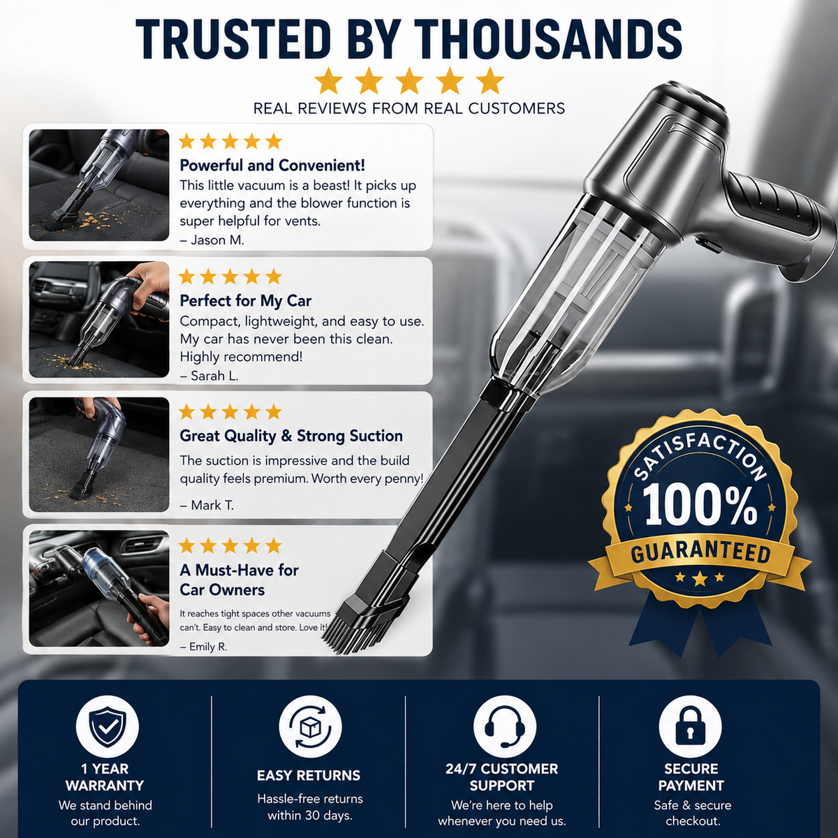 cordless handheld car vacuum cleaner™- cleans tight spaces blows away dust and inflates items